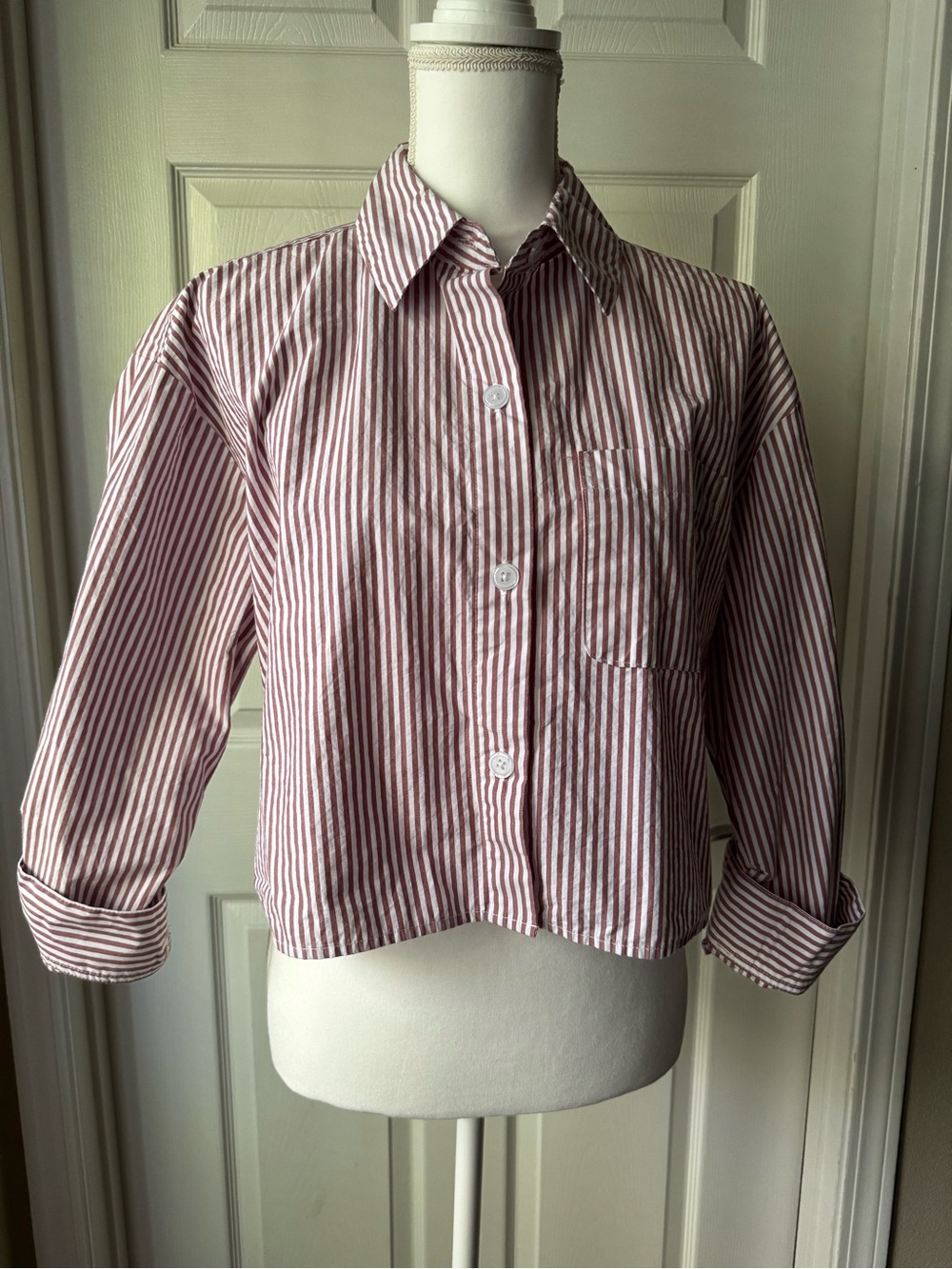 Button-Front Striped Shirt in Pink and White